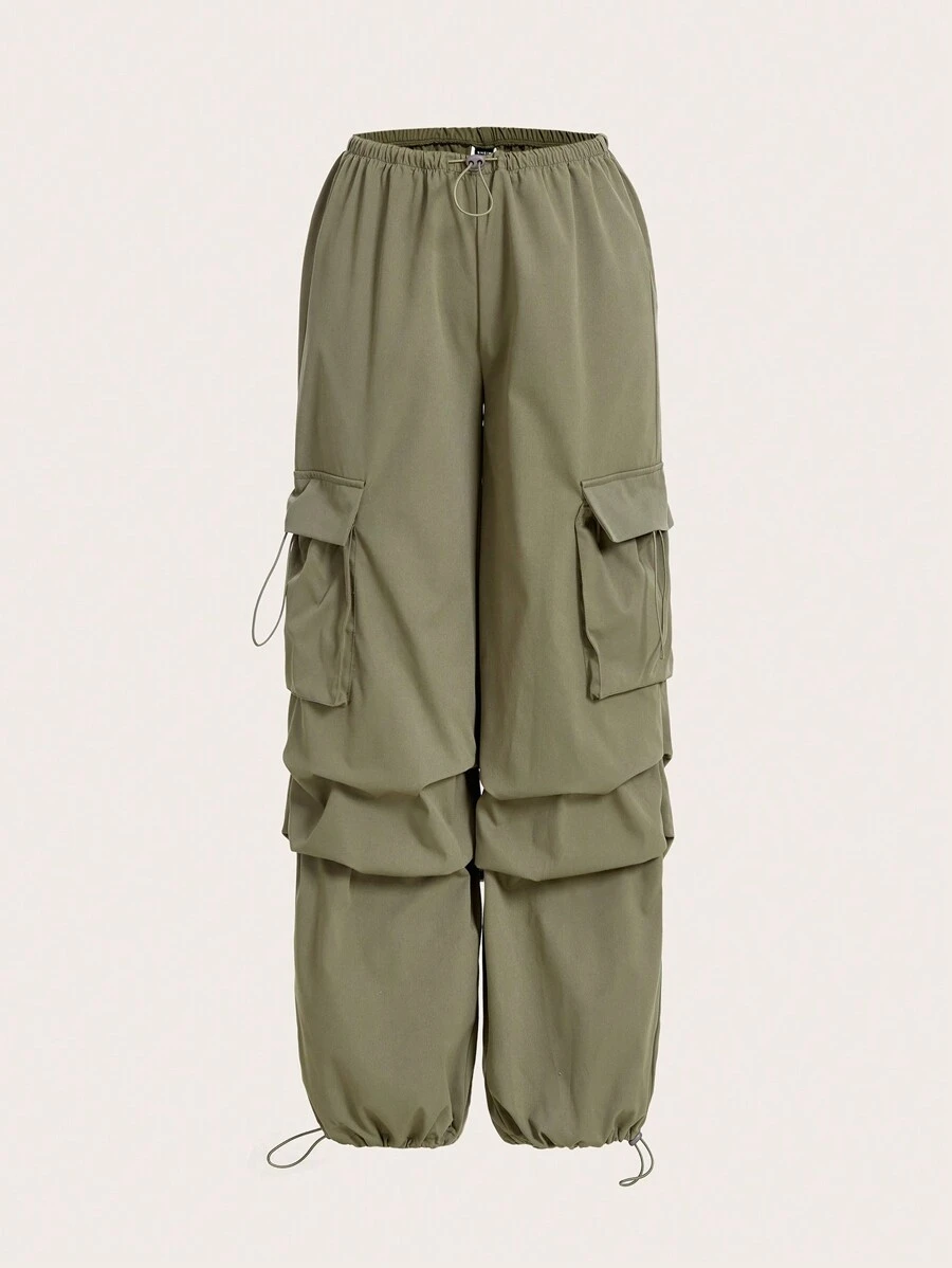 SHEIN ICON Flap Pocket Drawstring Waist Cargo Pants - Army Green - View 1