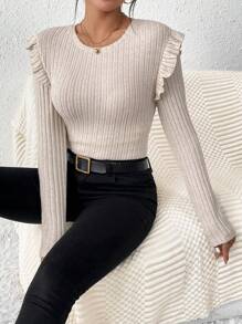 SHEIN Frenchy Viền Ruffle Đồ đan Ribbed Áo thun - Màu be - Xem 6