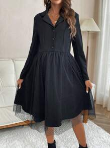 SHEIN Thai sản Nút phía trước Lưới tương phản Đầm - màu đen - Xem 6