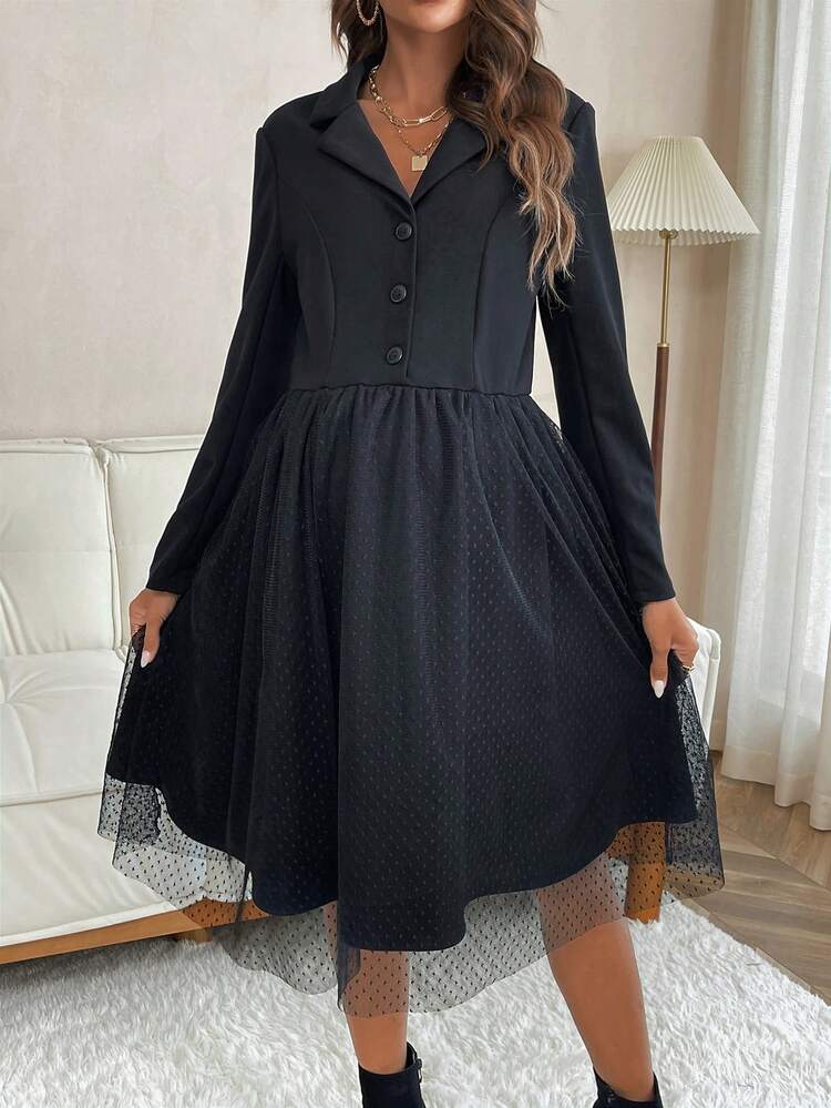 Maternity Button Front Contrast Mesh Dress