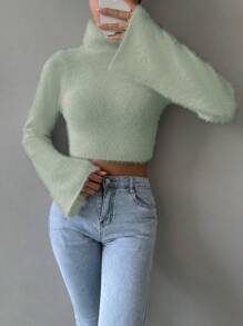 SHEIN Unity Turtleneck Fluffy Knit Crop Sweater Knit Pullover Fall Winter Outfit - Green - View 5