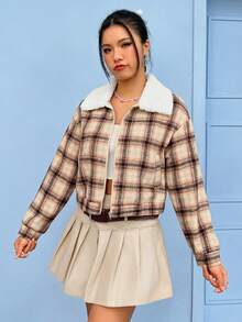 SHEIN EZwear 女款有領格子拼接毛呢夾克 - 粉色 - 查看 5