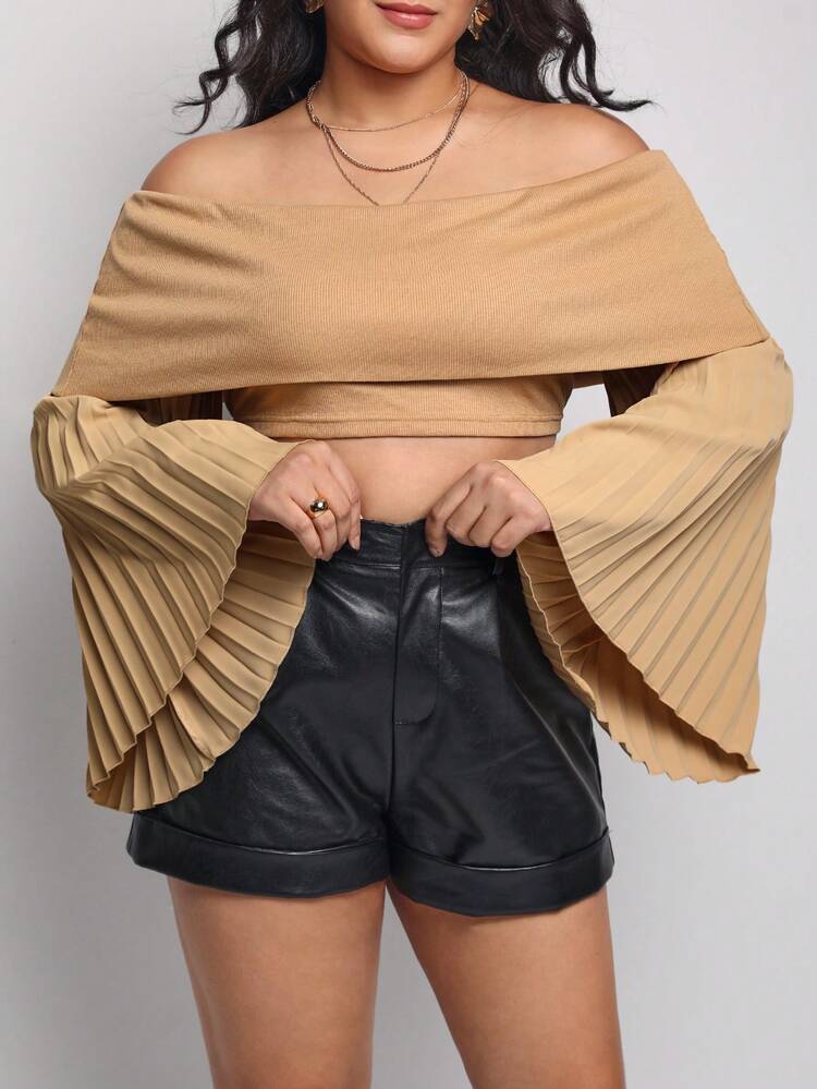 Designer Plus Off Shoulder Flare Sleeve Crop Top, For Holiday, Vacation, Spring, Going Out, Festival, Ibiza Fits