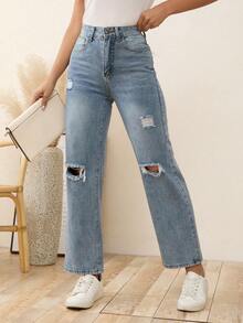 SHEIN LUNE 破洞直筒牛仔褲 - 藍色 - 查看 6