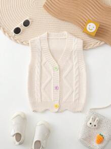 女嬰無袖麻花編織開襟衫 - 杏色 - 查看 1