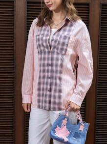 SHEIN EZwear Camisa Rosa A Rayas De Cuadros Vichy - Rosa - Ver 3
