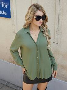 SHEIN BIZwear 純色v領紋理長袖襯衫 - 軍綠色 - 查看 5