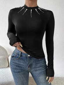 SHEIN Privé 珍珠串珠小高領T恤 - 黑色 - 查看 4