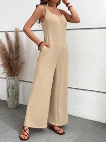 SHEIN VCAY Chất rắn Túi nghiêng Bộ áo liền quần Cami - Màu Khaki - Xem 3
