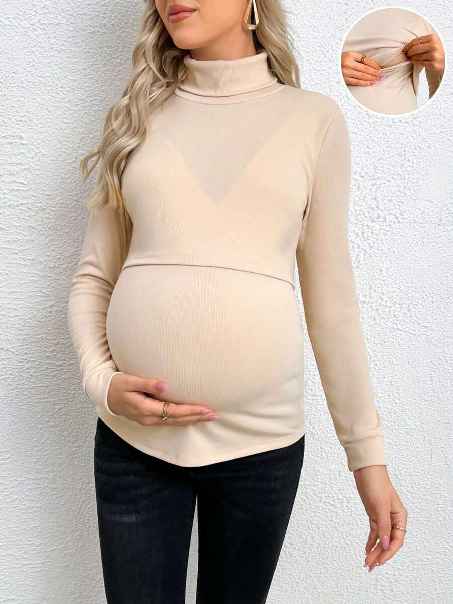 SHEIN 孕婦高領哺乳T恤 - 白色 - 查看 1