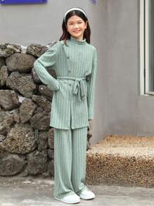 Tween Girl Turtleneck Drop Shoulder Belted Tee & Pants - Mint Green - View 1