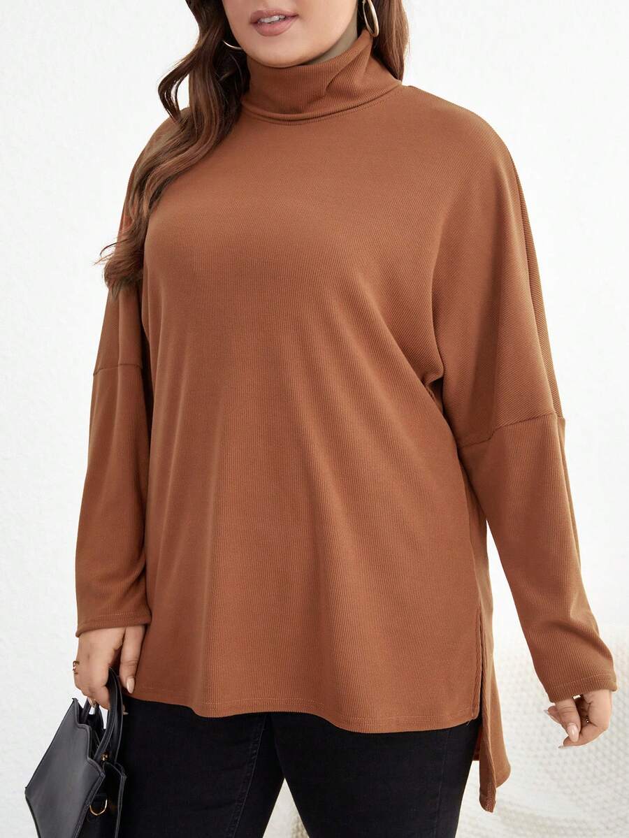 SHEIN LUNE Của phụ nữ Kích thước lớn Cổ cao Màu thuần Áo thun - Màu nâu  Mocha - Xem 1