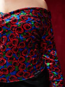 Marilyn Monroe X SHEIN Plus Off Shoulder Cross Wrap Front Floral Print Velvet Tee - Burgundy - View 6