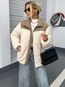 SHEIN Essnce 双色拉链衬垫大衣 - 卡其色 - 查看 4