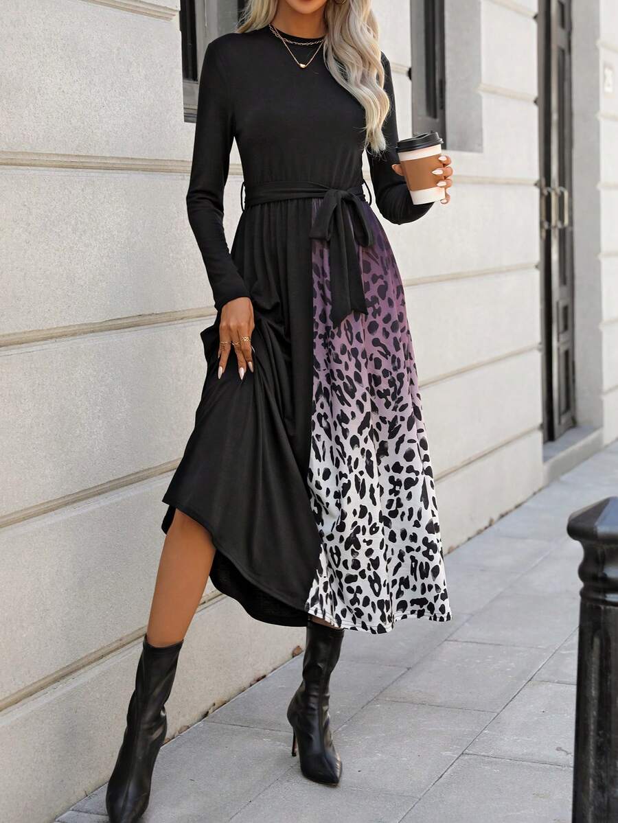 SHEIN Clasi In hoa Báo Váy có thắt lưng - màu đen - Xem 1