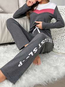 Colorblock Tee & Letter Graphic Bow Waist Pants PJ Set - Dark Grey - View 4