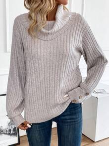 SHEIN LUNE Cổ bò Chi tiết Nút Đồ đan Ribbed Áo len - Lạc đà - Xem 6