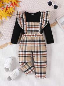 Bebé niña con estampado de cuadros ribete con fruncido Mono & Camiseta