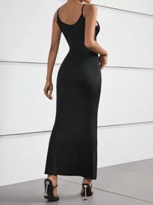 Chiquease Women's Solid Color Mermaid Hem Long Fitted Elegant Spaghetti Strap Dress - Black - View 2