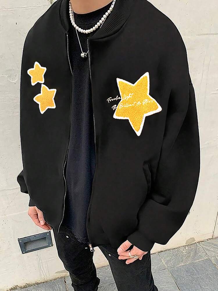 Men's Oversized Drop Shoulder Bomber Jacket With Star And Letter Flocking Embroidery