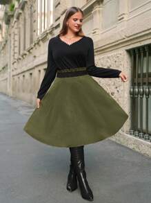 SHEIN Frenchy 大碼腰部拼接蕾絲半身裙 - 軍綠色 - 查看 4