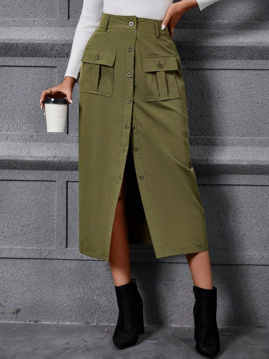 SHEIN LUNE Flap Pocket Button Front Skirt - Army Green - View 1