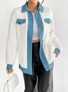 SHEIN Essnce Contrast Trim Drop Shoulder Flap Detail Flannel Coat - White - View 4