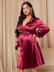SHEIN 孕婦素色圍裹細節緞面洋裝 - 酒紅色 - 查看 5