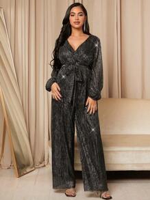 SHEIN Maternity Surplice Neck Lantern Sleeve Belted Sequin Wide Leg Jumpsuit - Black - View 5
