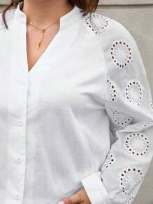 SHEIN Frenchy Plus Eyelet Embroidery Raglan Sleeve Notched Neck Blouse - White - View 6