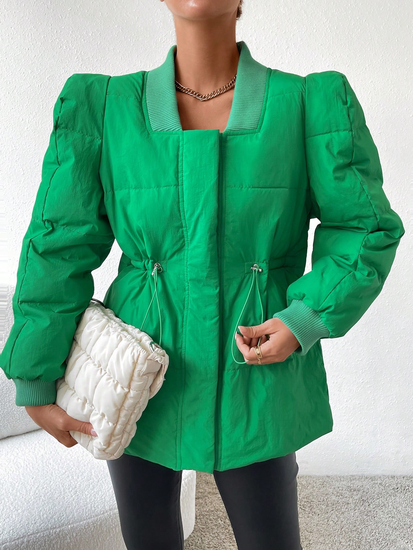 SHEIN Essnce Drawstring Waist Puff Sleeve Snap Button Up Down Coat