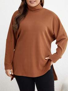 SHEIN LUNE Của phụ nữ Kích thước lớn Cổ cao Màu thuần Áo thun - Màu nâu  Mocha - Xem 2