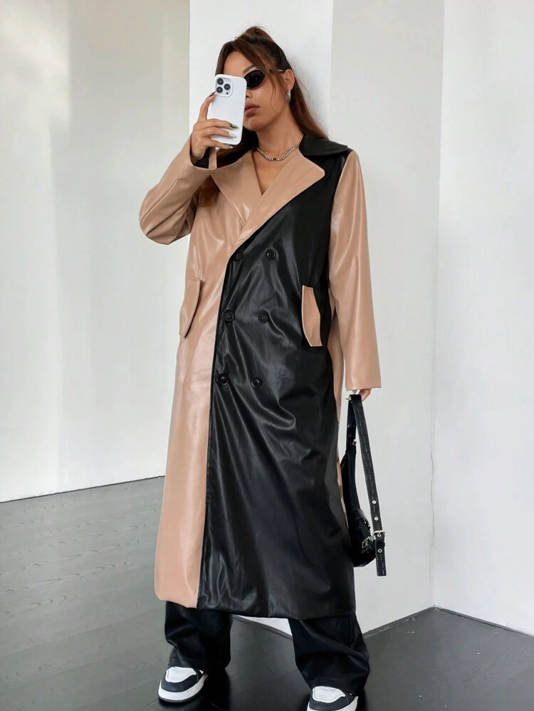 Colorblock Double Breasted PU Coat