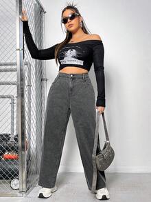 SHEIN EZwear Hơn Cao eo Quần legging thẳng - màu đen - Xem 4