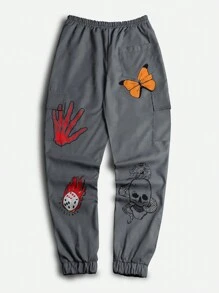 ROMWE MEN Street Life Men Slogan & Skull Print Drawstring Waist Cargo Pants - Grey - View 2