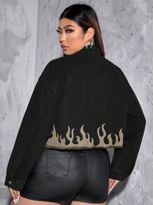 SHEIN ICON Plus Fire Print Raw Hem Crop Denim Jacket - Black - View 2