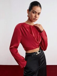 BizChic Quý cô Tay áo ngắn Áo sơ mi Với Đã thu thập Thiết kế - Đỏ - Xem 5