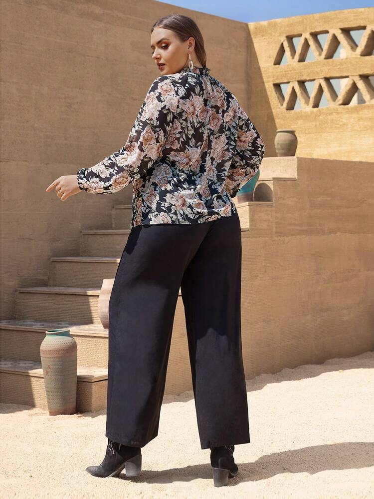 Plus Floral Print Lantern Sleeve Top & Pants