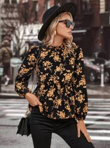 SHEIN Clasi 印花燈籠袖荷葉邊下擺襯衫 - 彩色 - 查看 6