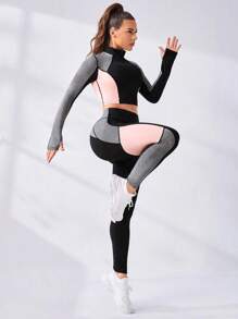 Easithlete Colorblock Half Zip Sports Tee & Tee & Leggings Workout Set Outfit Set Workout Women Set Women Leggings Set - Multicolor - View 4