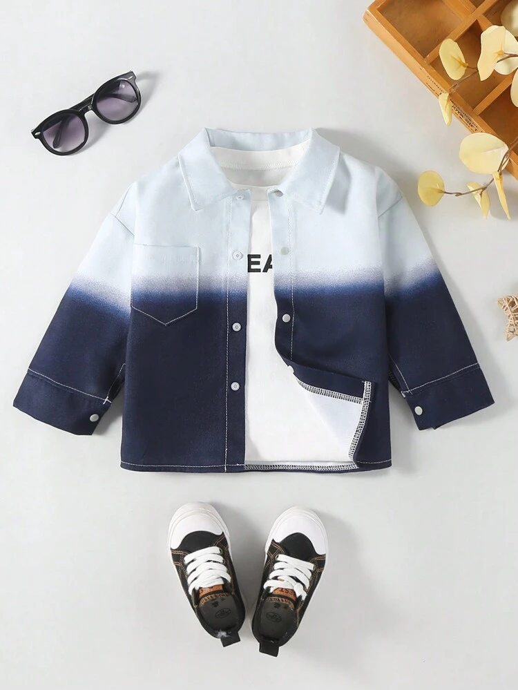 Baby Boys' Handsome Printed Denim Effect Long Sleeve Button Up Jacket For Fall And Winter