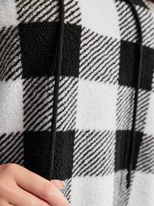 Mulvari Plus Buffalo Plaid Print Drop Shoulder Drawstring Hooded Sweatshirt Dress - Black and White - View 6
