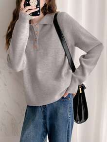 Alicedudu 纯色插肩袖高领纽扣前开襟毛衣，长袖上衣 - 淺灰色 - 查看 4