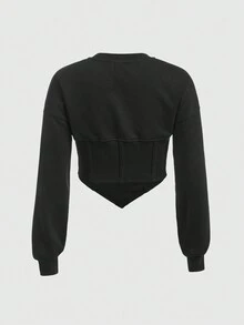 SHEIN 女大童素色落肩袖手帕下擺運動衫 - 黑色 - 查看 2
