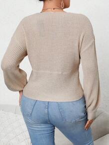 SHEIN Unity Áo len crop dáng suông, vai rớt, đính hạt ngọc trai giả, thích hợp cho mùa thu đông. - Màu be - Xem 2