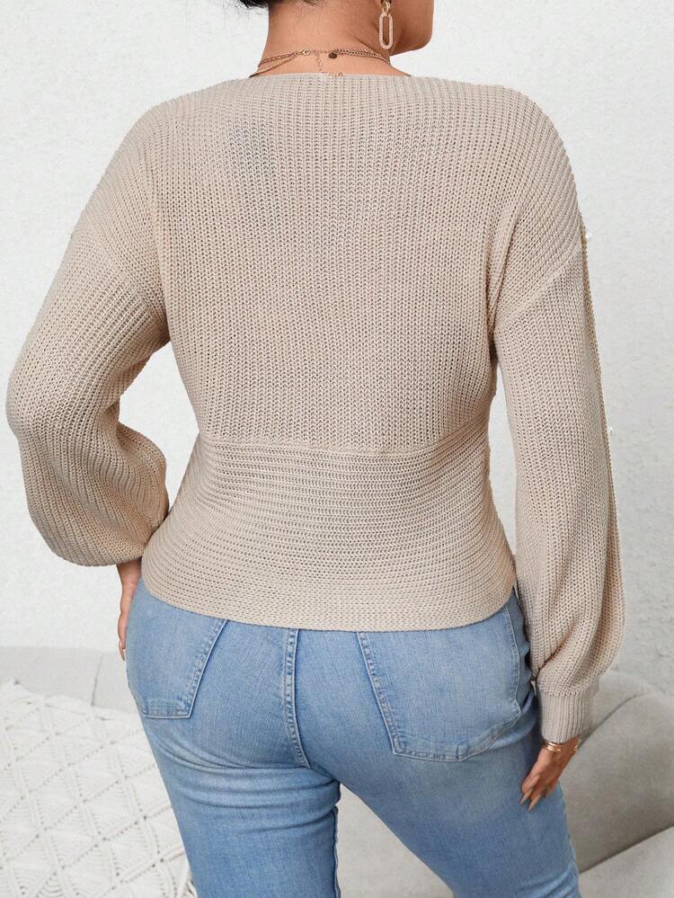 Plus Faux Pearls Beaded Crossover Drop Shoulder Crop Sweater Knit Pullover Fall Winter Sweater