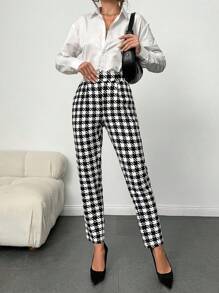 EURMUSE Women's Houndstooth Plaid Slant Pocket Trousers - Black and White - View 1