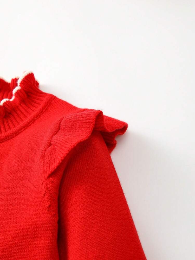 Baby Girl Stripe Pattern Ruffle Trim Flounce Sleeve Sweater Dress