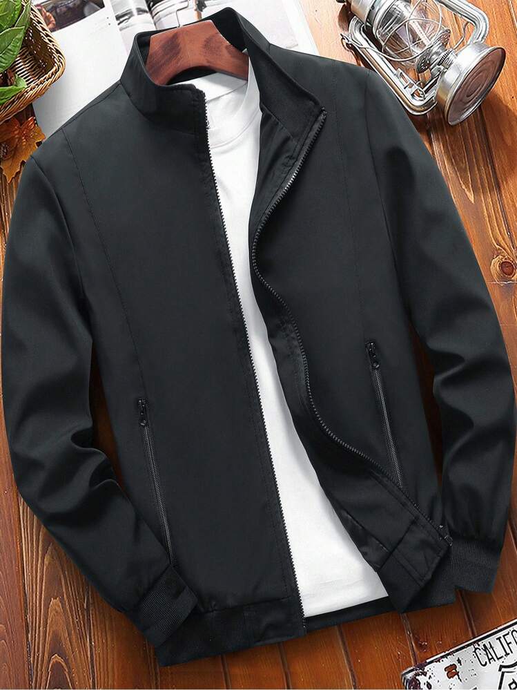 Manfinity Homme 1 Peça Jaqueta Masculina de Manga Longa, Solta, com Bolso Diagonal e Zíper, Sem Camiseta, Outono - Preto - Visão 1