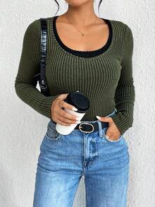 SHEIN Essnce Viền tương phản Scoop Cổ Áo thun - màu xanh lá - Xem 4